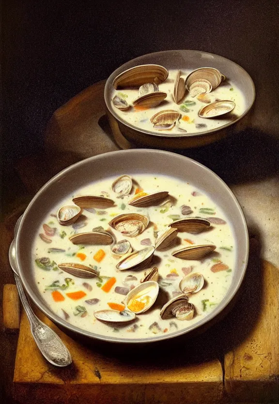 Prompt: a fine china bowl of clam chowder soup filled with larvae, there are insects everywhere, detailed and intricate environment, hyperrealism, food photography, rembrandt