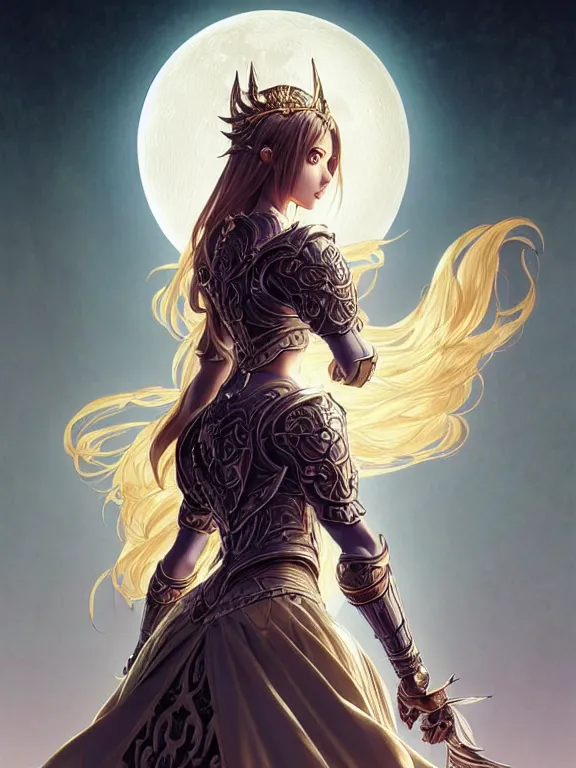 Image similar to full body picture of a moon knightress in the temple, coveted, beautiful and aesthetic, intricate, unreal engine, messy hair, highly detailed, detailed face, smooth, sharp focus, chiaroscuro, manga illustration, artgerm, greg rutkowski, ilya kuvshinov, rossdraws, alphonse mucha, young adult light novel cover art
