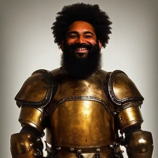 Prompt: brown skin man with a giant grin, thick black beard, wild black hair, bulging muscles, shiny plain bronze metal armour. in the style of rembrandt. vivid colours.