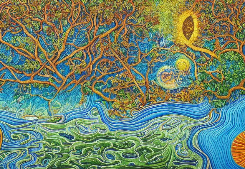 Image similar to An intricate, extremely detailed painting in a style of Alex Grey featuring a river in Europe, surrounded by trees and fields. A dinghy is slowly moving through the water. Sun is shining.