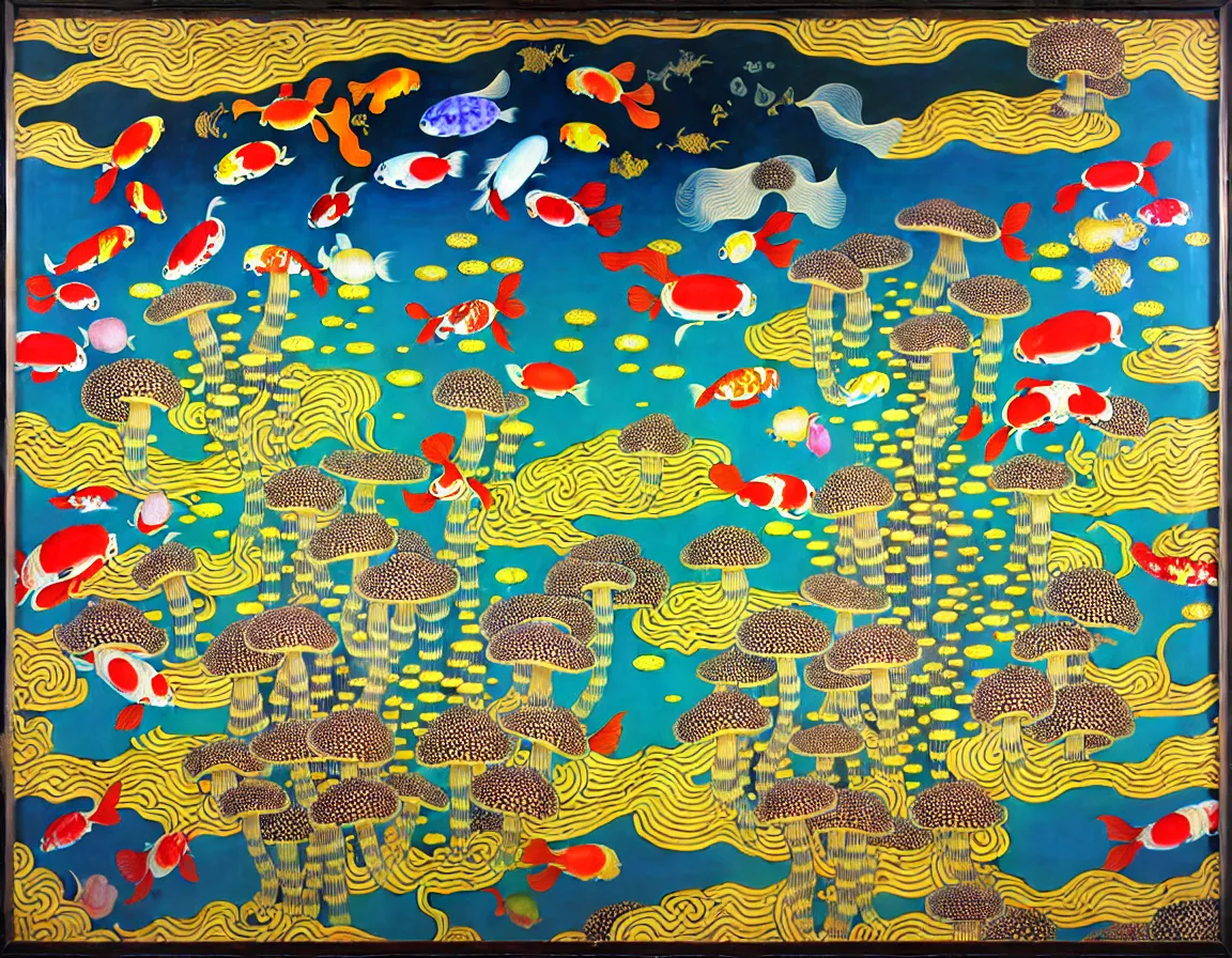 Prompt: vase of mushroom in the sky and under the sea decorated with a dense field of stylized scrolls that have opaque yellow outlines, with koi fishes, ambrosius benson, kerry james marshall, afrofuturism, oil on canvas, history painting, hyperrealism, light color, no hard shadow, around the edges there are no objects