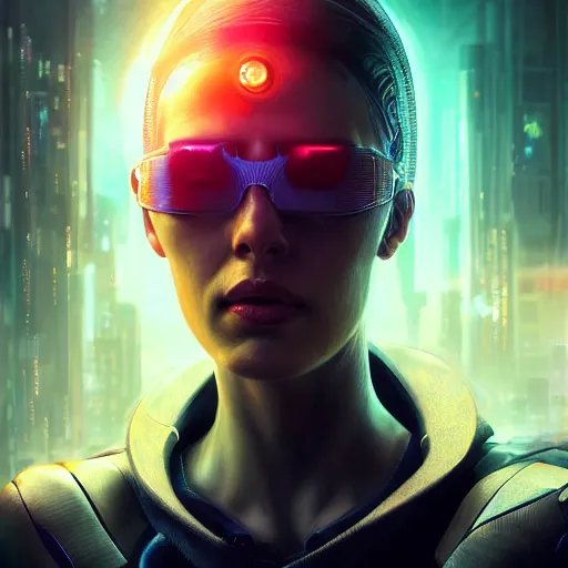 Image similar to a expressive portrait photograph of cyberpunk woman in dramatic lighting, depth of field background, artstation, award - winning realistic sci - fi concept art by jim burns and greg rutkowski, a realism masterpiece, expressive color palette, james gilleard, bruegel, alphonse mucha, and yoshitaka amano