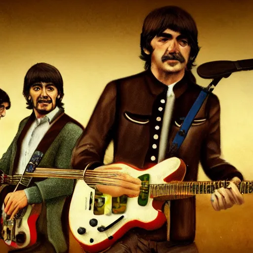 Prompt: pedro sanched playing music with the beatles at woodstock, highly detailed, artstation, 4k