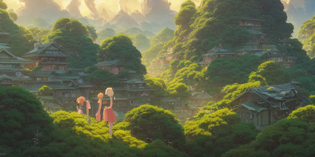 Image similar to highly detailed vfx panoramic landscape of studio ghibli, stephen bliss, unreal engine, greg rutkowski, loish, rhads, beeple, makoto shinkai and lois van baarle, ilya kuvshinov, rossdraws, tom bagshaw, alphonse mucha, global illumination, detailed and intricate environment