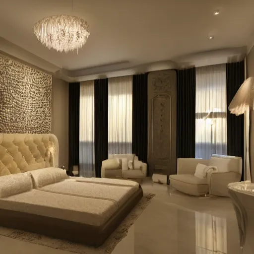 Prompt: luxurious bedroom at night, highly detailed, light coming from door