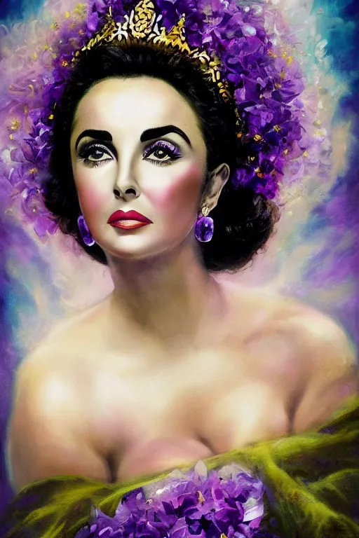 Image similar to center portrait fine art photo of the beauty elizabeth taylor, dramatic pose she has a crown of stunning flowers and dress of purple satin and gemstones, symmetrical realistic eyes, background full of stormy clouds, by peter mohrbacher