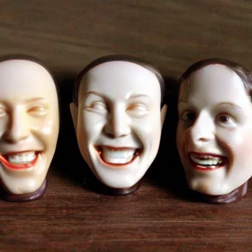 Image similar to Melting porcelain occult wax figure smiling commercial product 70s