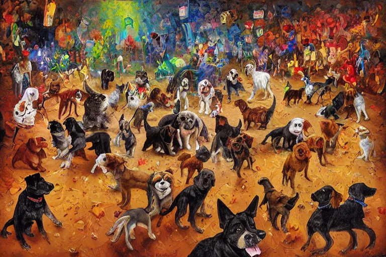 Prompt: dog moshpit, painting, dan whiz