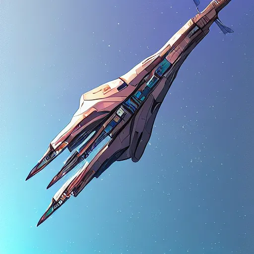 Prompt: starship in the shape of a spear, concept art, scifi, digital ilustration, artstation hq