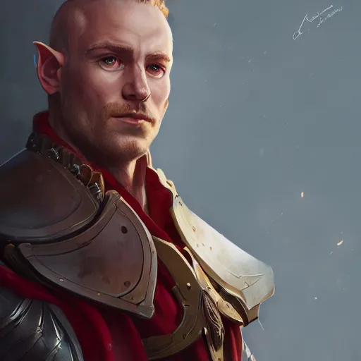 Image similar to character portrait, D&D, male half-elf, artificer, short red hair shaved on sides, white jacketed, half-plate armor, artstation, ultra detailed, in the style of Greg Rutkowski