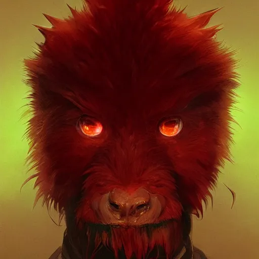 Image similar to realistic portrait of a grox from spore, red furry creature with one robotic eye, pointy ears, dramatic lighting, illustration by greg rutkowski, yoji shinkawa, 4 k, digital art, concept art, trending on artstation