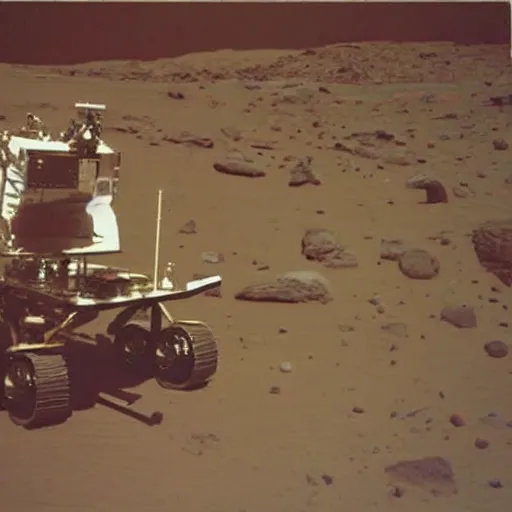 Image similar to polaroid carl sagan in a spacesuit on mars, with rover, detailed face