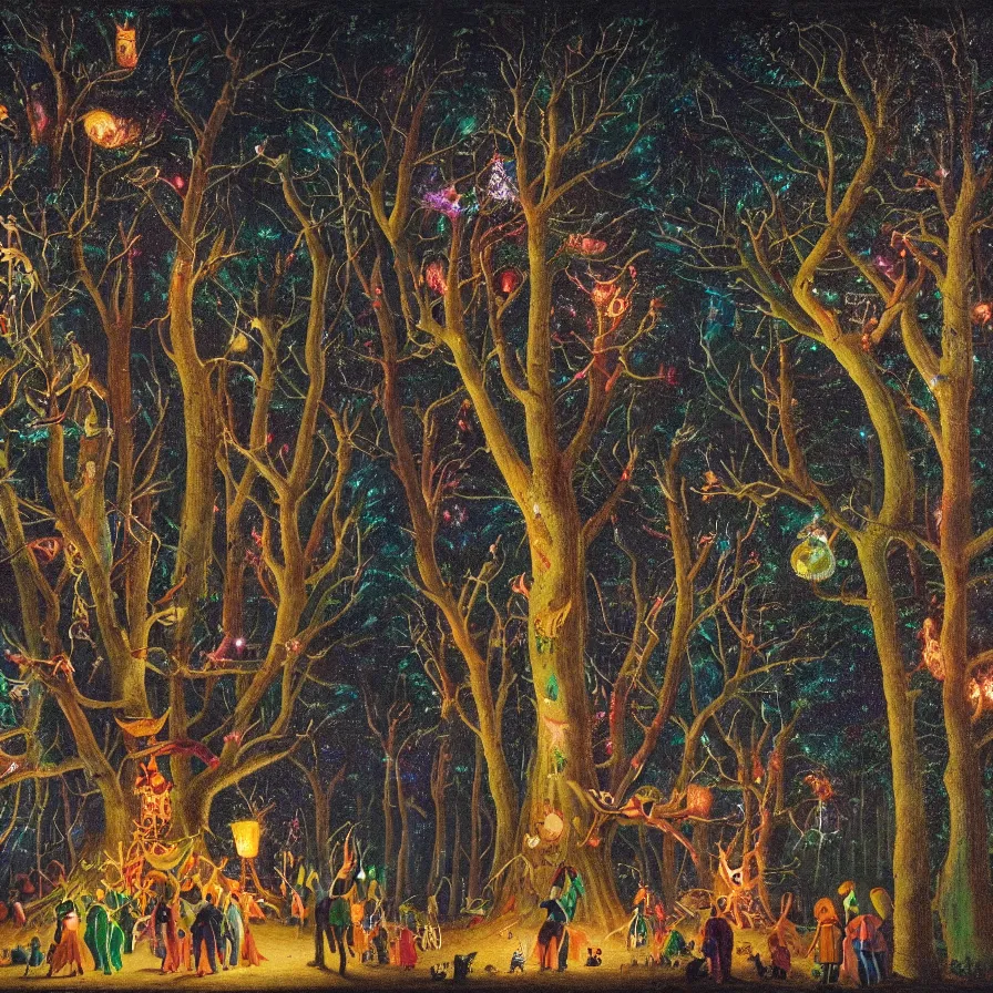 Prompt: a night carnival around a magical tree cavity, with a surreal orange moonlight and fireworks in the background, next to a lake with iridiscent water, christmas lights, folklore animals and people disguised as fantastic creatures in a magical forest by summer night, masterpiece painted by georg friedrich kersting, dark night environment