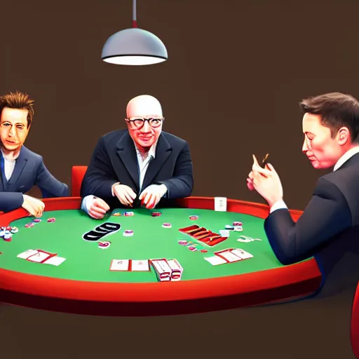 Prompt: UHD photorealistic Elon Musk playing poker with Satoshi Nakamoto, Klaus Schwab, and Bill Gates, trending on Artstation, hyperrealistic, correct details, symmetrical faces, accurate faces,