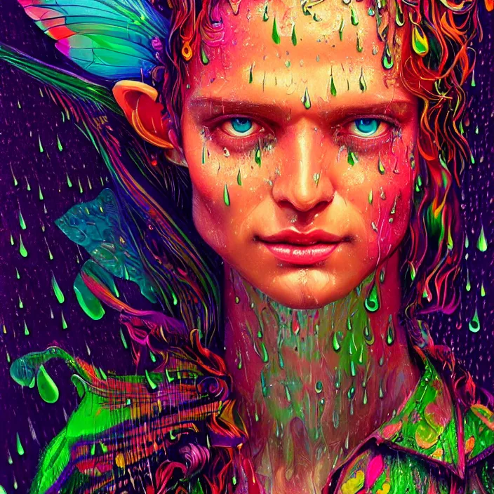 Image similar to bright psychedelic portrait with rain on face and wet hair, wings, smiling, diffuse lighting, fantasy, intricate, elegant, highly detailed, lifelike, photorealistic, digital painting, artstation, illustration, concept art, smooth, sharp focus, art by John Collier and Albert Aublet and Krenz Cushart and Artem Demura and Alphonse Mucha