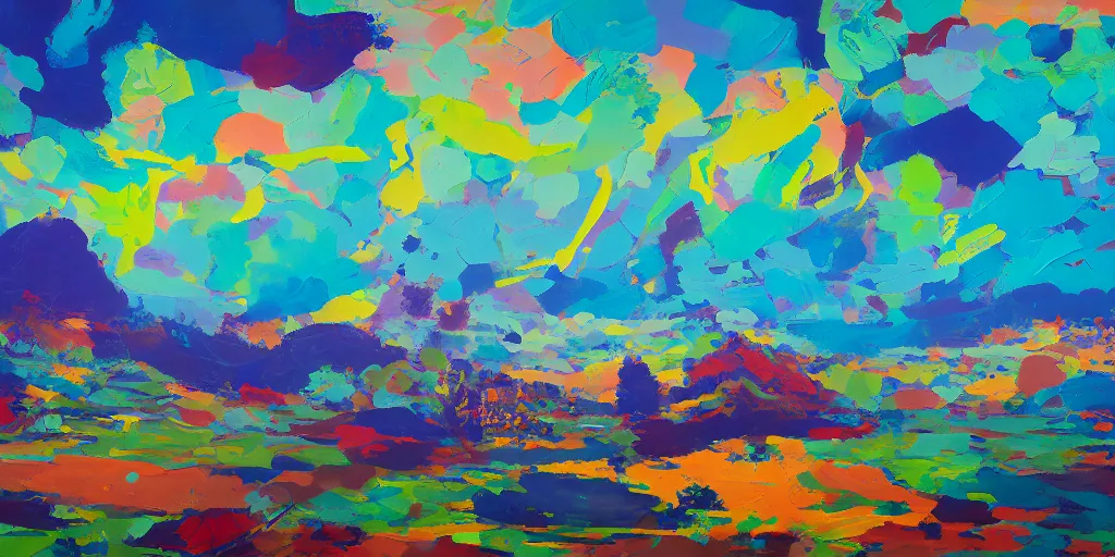 Image similar to partly abstract landscape painting at noon by james jean and David Schnell painted in no mans sky style