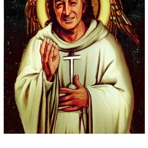 Image similar to piero angela as a saint in the sky sourrounded with angels