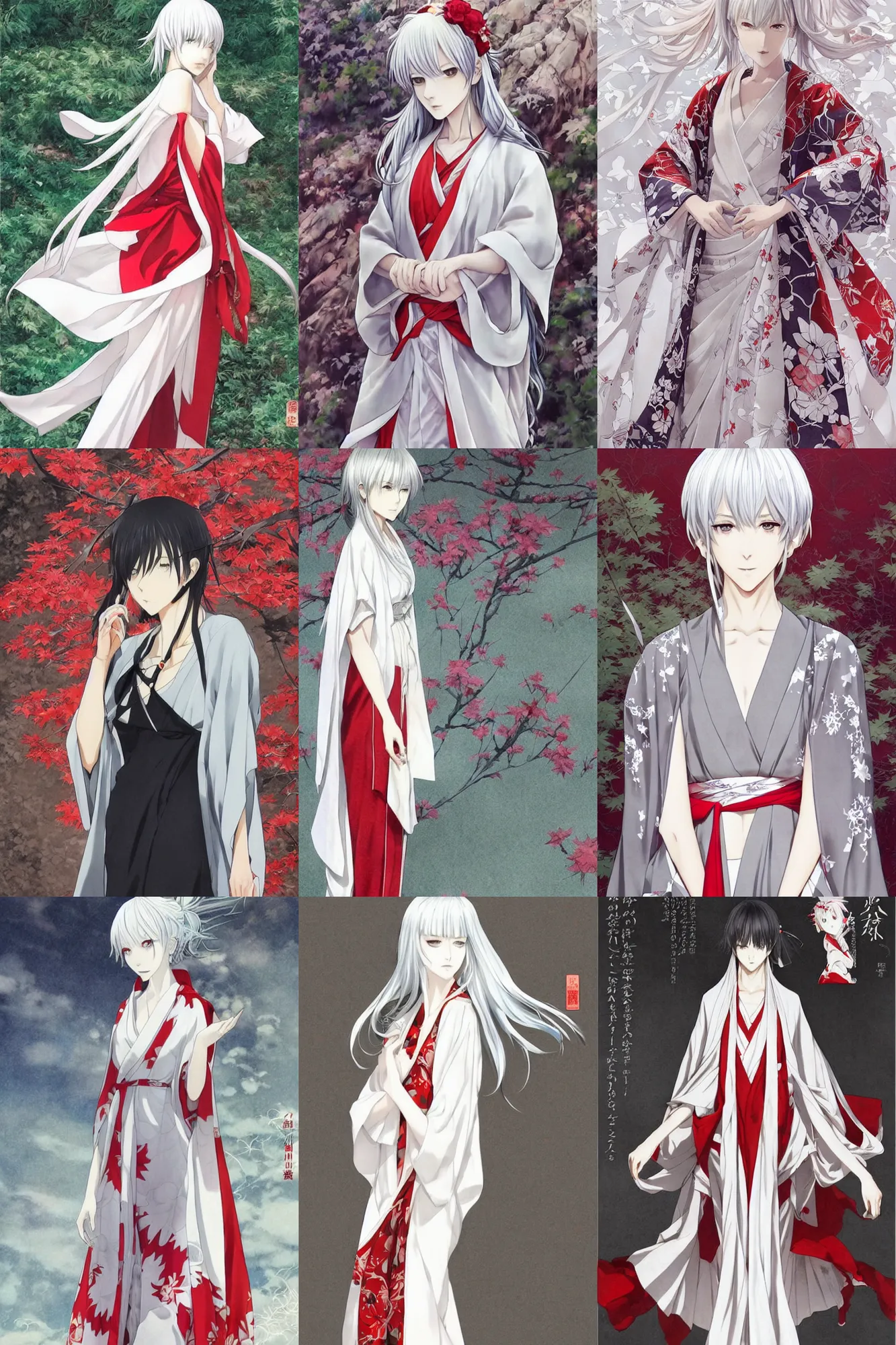 Prompt: beautiful thin girl, silver hair, white kimono with red higabana patterns, full body shot, ilustration by Takehiko Inoue ((and Krenz Cushart))