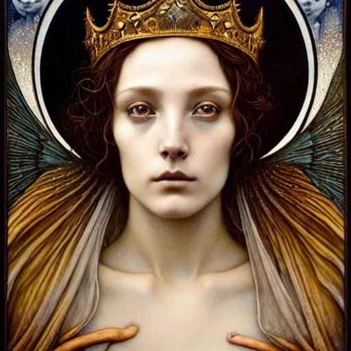 Image similar to detailed realistic beautiful young medieval queen face portrait by jean delville, tom bagshaw, brooke shaden, gustave dore and marco mazzoni, art nouveau, symbolist, visionary, gothic, pre - raphaelite, ornate gilded medieval icon, surreality, ethereal, unearthly, haunting, celestial, neo - gothic, ghostly, memento mori