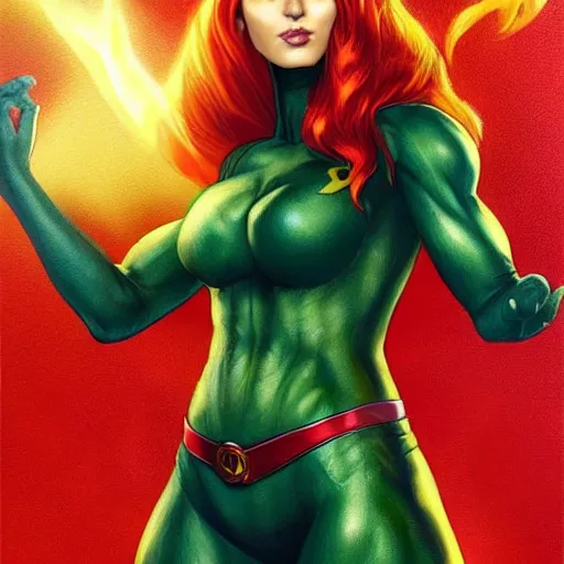 Image similar to jean grey, a full body portrait of jean grey, green eyes, red hair, phoenix rising, flames, flying, comic, x - men, highly detailed, artstation, deviantart, symetry, digital painting, vivid colors, realistic shaded perfect face, volumetric lighting, atmospheric, sharp focus, moody, art by artgerm and greg rutkowski, 8 k