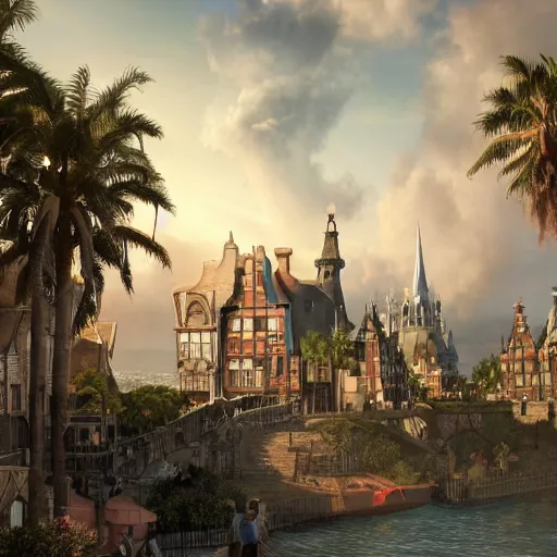 Prompt: a seaside magical village with witches and knights and a grand university of magic and science visible in the distance, inspired by victorian england and amsterdam, palm trees, highly detailed, intricate, digital painting, trending on artstation, concept art, matte painting, art by greg rutkwowski, craig mullins, octane render, 8 k, unreal engine