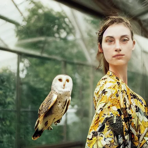Prompt: head to shoulder portrait Polaroid film photograph of an elegant top model wearing a yellow kimono with a very detailed barn owl on her shoulder!!! in a tropical greenhouse. looking at the camera!!. super resolution. Polaroid 600 film. art by Alessio albi and john william waterhouse.