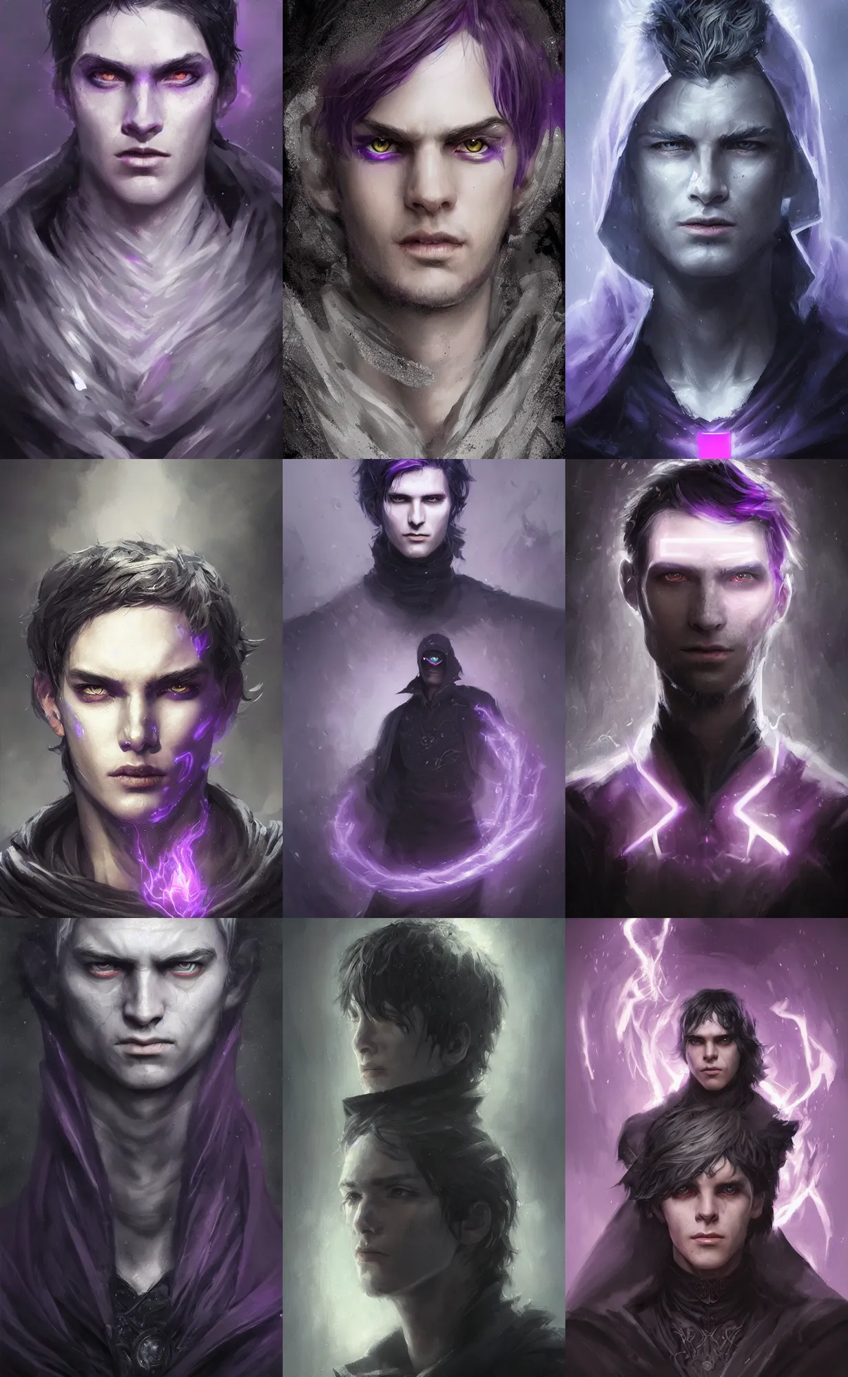 Prompt: portrait of a young man with purple eyes, dressed in a black cloak, silver hair with black streaks, glowing purple eyes, detailed face, fantasy, highly detailed, cinematic lighting, digital art painting by greg rutkowski