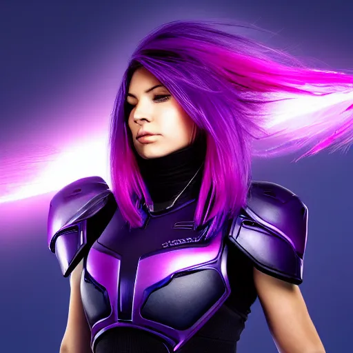 Image similar to a award winning action upper body portrait of a beautiful woman with a ombre purple pink hairstyle with head in motion and hair flying while wearing futuristic navy blue bodyarmor and pauldrons, outrun, vaporware, highly detailed, fine detail, intricate