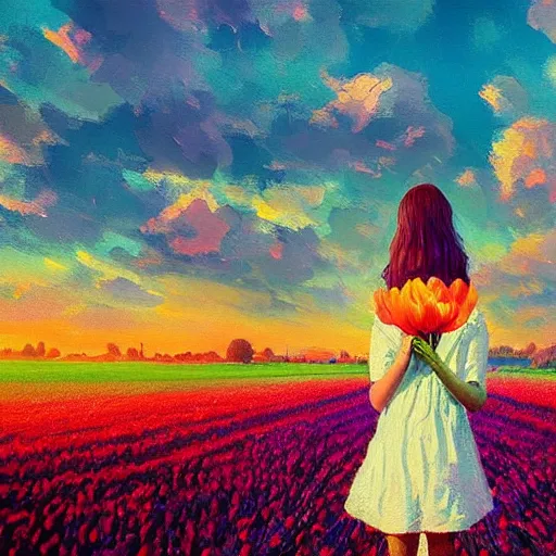 Image similar to girl with a giant tulip head, surreal photography, flower field, sunset dramatic light, impressionist painting, colorful clouds, blue sky, digital painting, artstation, simon stalenhag