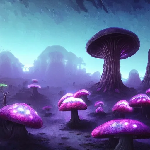 Image similar to concept art painting of a fantasy alien fungal landscape at night, magenta trees, glowing blue mushrooms, village of houses made of mushrooms, dark purple sky, realistic, detailed, cel shaded, in the style of makoto shinkai and greg rutkowski and albert bierstadt and james gurney