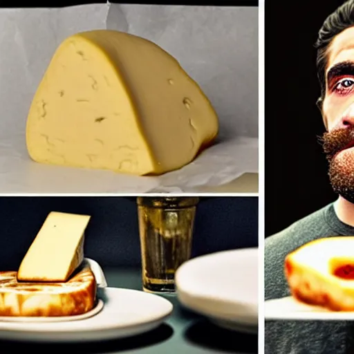 Image similar to food photography of jake gyllenhaal's face fused with halloumi cheese ( ( white halloumi cheese hybrid with jake gyllenhaal face ) ), jake gyllenhaal sentient cheese face fashioned from halloumi, by greg rutkowski