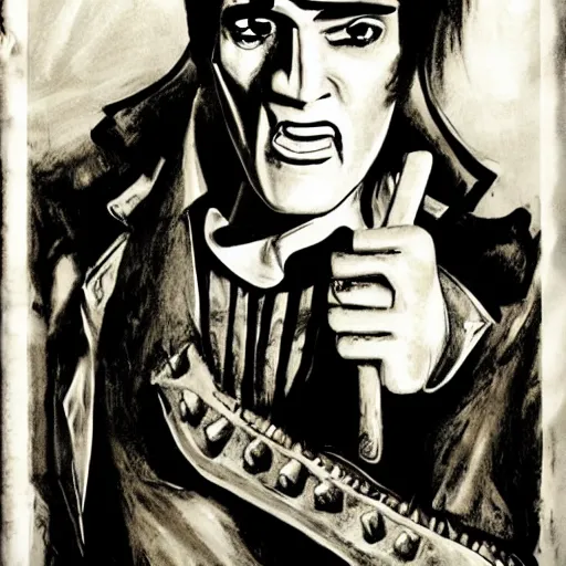 Prompt: Frankenstein's Monster as Elvis Presley. Elvis Presley as Frankenstein's Monster. Handsome monster. Beatnik monster. Rock 'n' Roll monster.