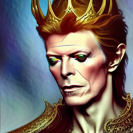 Prompt: full portrait of david bowie as an elven king, fantasy, d & d, intricate, detailed, by by alphonse mucha, adolfo hohenstein, alice russell glenny, stanley artgerm lau, greg rutkowski, detailed, trending on artstation, trending on artstation, smooth