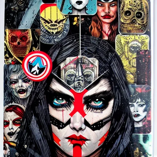 Image similar to a portrait of horror tarot card intricate details by MARVEL comics and Sandra Chevrier