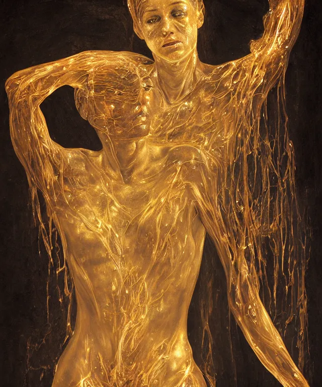 Image similar to Beautiful full-body wax sculpture of glowing transparent woman with visible golden bones covered with melted white candle wax inside the singularity where stars becoming baroque folds of dark matter by Michelangelo da Caravaggio, Nicola Samori, William Blake, Alex Grey and Beksinski, dramatic volumetric lighting, highly detailed oil painting, 8k, masterpiece