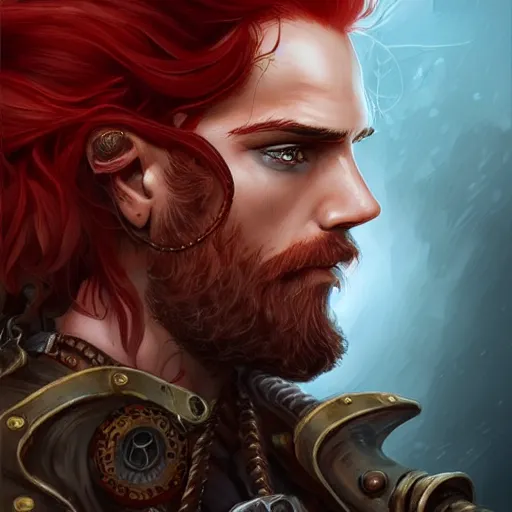 Image similar to rugged ship captain, male, handsome, flowing red hair, handsome, fantasy, intricate, elegant, highly detailed, piercing eyes, steampunk, digital painting, artstation, concept art, character art, smooth, sharp focus, illustration, art by artgerm