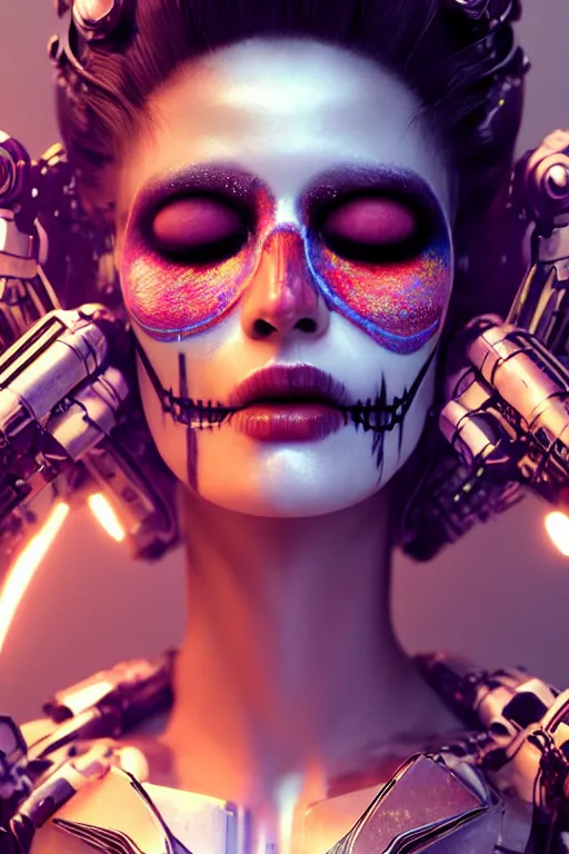 Prompt: beautiful android woman, crying eyes closed!, photorealistic cinematic, 3 d model, cyborg, postcyberpunk, blade runner, octane render, concept art, vogue, 8 k, intricate detailed environment el dia los muertos. by terry oneill and tim walker, artgerm and kuciara and mucha