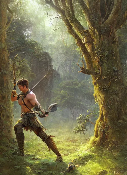 Prompt: intricate detailed portrait painting of a male warrior on a beautiful forest meadow, temple ruins surrounded by lush forest, afternoon, art by ralph horsley and swanland and tyler edlin and artgerm and greg rutkowski, atmospheric lighting, dynamic lighting