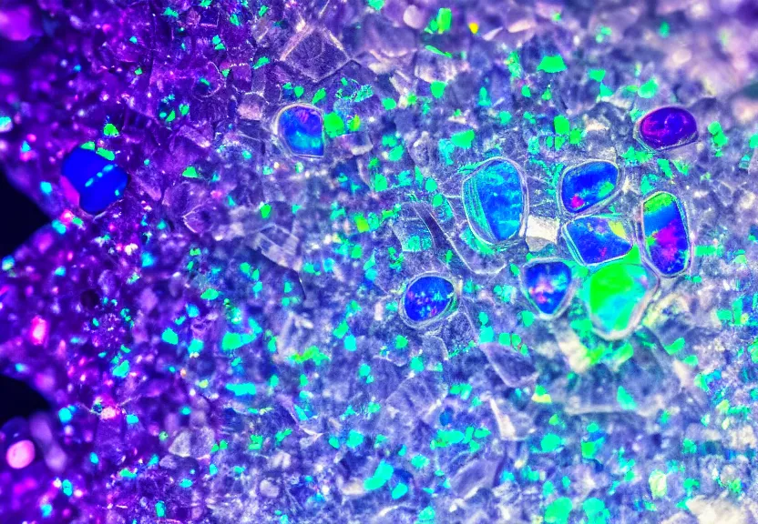 Image similar to iridescent gemstone texture with high refraction, shining, opal, diamond, sapphire, topaz, nature, photo, motion blur, macro lens, lens flare