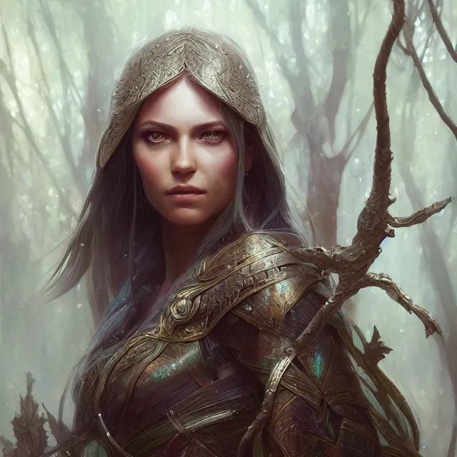 Image similar to close up portrait of a beautiful female elven warrior, magical forest background fantasy atmosphere. art by greg rutkowski. highly detailed, intricate, lifelike. sci - fi, fantasy, magical, nikon d 8 5 0.