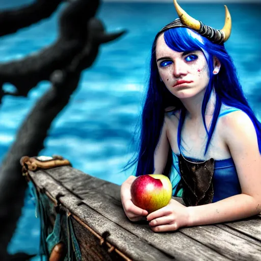 Prompt: a dnd Triton girl with blue skin and messy black hair sitting on the deck of a ship and holding an apple, a little blue-skinned girl with messy black hair sharp pointed ears freckles along the ridges of her cheeks, dnd triton, high resolution film still, 4k, HDR colors