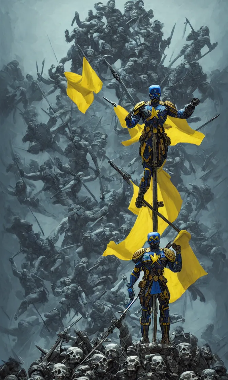 Image similar to a distant shot of a super soldier with blue and yellow flag and a trident symbol standing alone on a huge pile of skulls as a winner, masculine figure, D&D, fantasy, intricate, elegant, highly detailed, extremely detailed, digital painting, artstation, concept art, matte, smooth, sharp focus, illustration, art by Artgerm and Greg Rutkowski and Alphonse Mucha