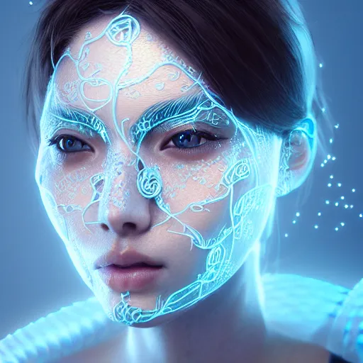 Image similar to intricate highly detailed face portrait of asian - european woman, light blue transparent metal vines on her face, intricate, cgsociety, unreal engine, octane render, sharp focus, smooth, volumetric lighting, cinematic composition, artstation