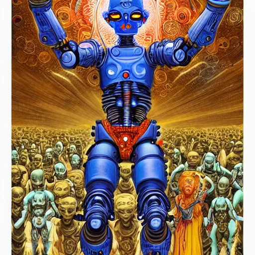 Image similar to detailed intricate color manga illustration of a Hindu god with a halo as an evil cyborg alien robot with lots of arms and weapons, cyberpunk, sistine chapel, davinci, religion, Hindu, vishnu, akira, dystopian, sci-fi, geof darrow, transmetropolitan, ronin