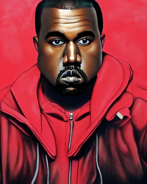 Image similar to kanye west in red puffer jacket, airbrush, drew struzan illustration art, key art, movie poster