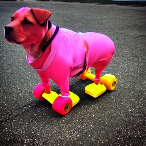 Image similar to “dog wearing brightly colored rolling skates”