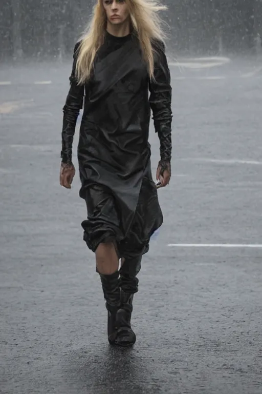 Prompt: photo quality, 8 k, walking through a storm, rick owens, high fashion, blonde long haired female model, ex machina