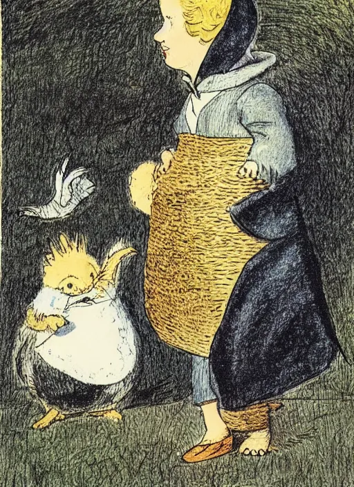 Prompt: half moon, half sun, illustrated by peggy fortnum and beatrix potter and sir john tenniel