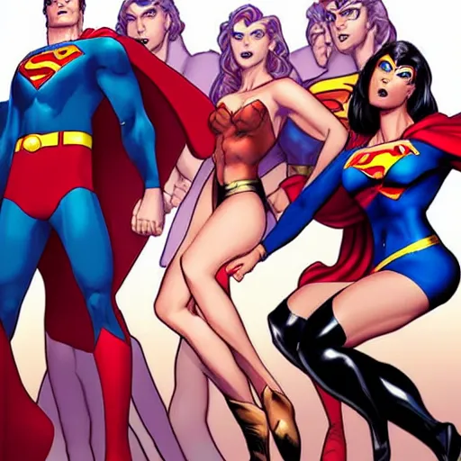 Image similar to superman surrounded by his superheroine harem, drawn by artgerm