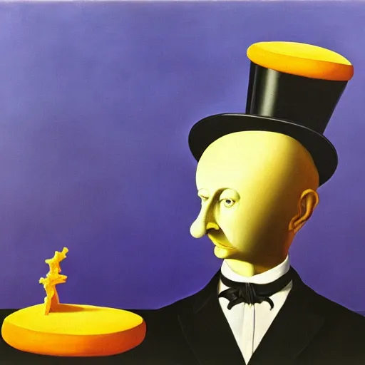 Prompt: a man wearing a top hat made of cheese, surrealism, by salvador dali and rene magritte, oil on canvas